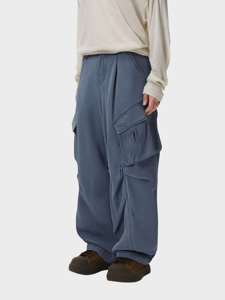 Oversized Wrinkled Cargo Denim Pants Elastic Waist