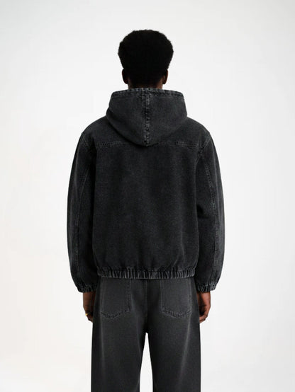 Washed Denim Toggle Front Hoodie Black