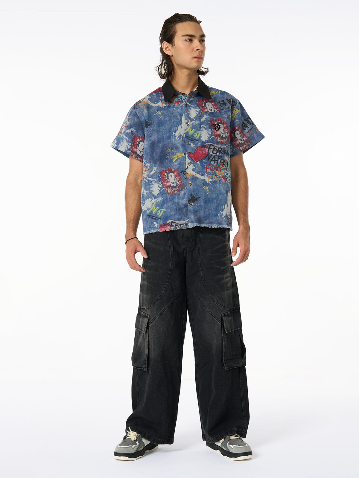 Tie-Dye Denim Polo T-Shirt with Graffiti Print
