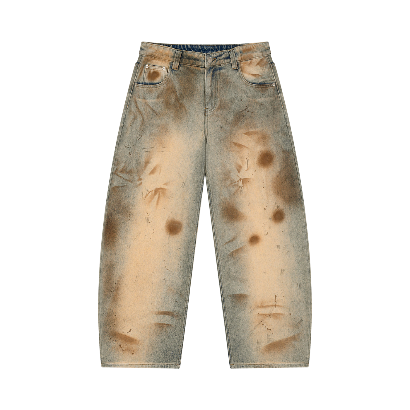 Barrel leg jeans with distressed details shown on a model