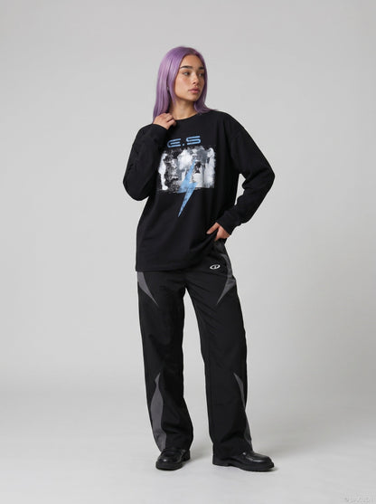 Oversized Abstract Lightning Graphic Long Sleeve T-Shirt