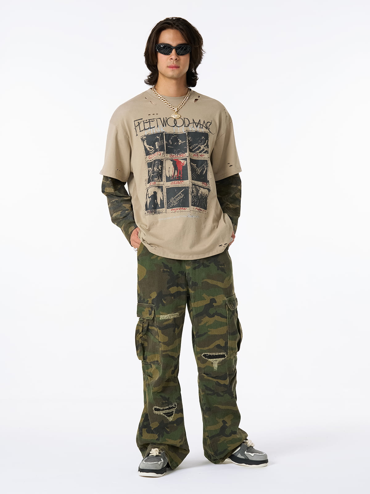 Woven Ripped Camouflage Cargo Baggy Pants