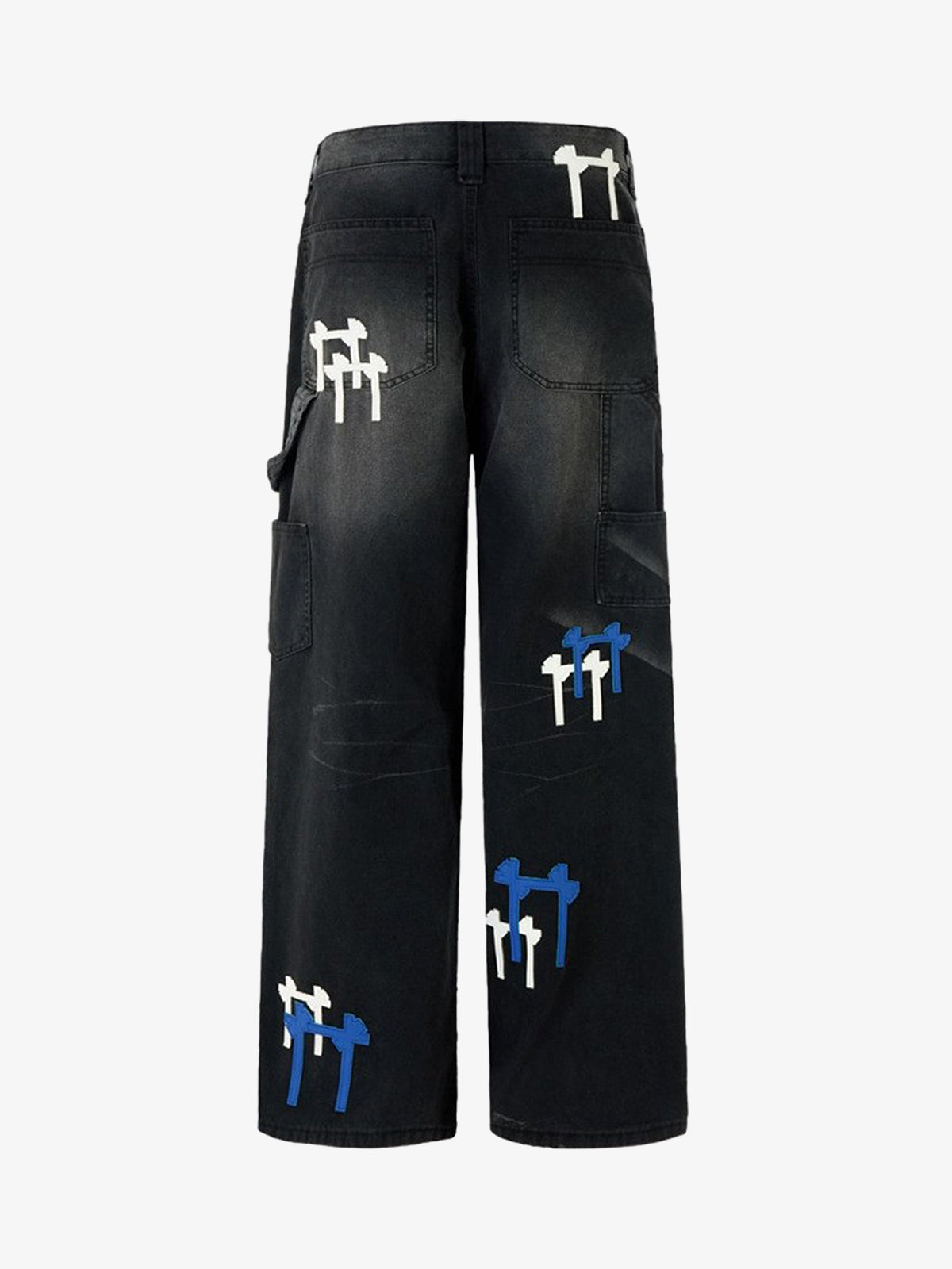 Wide-leg denim jeans showing the colour-block design and relaxed fit