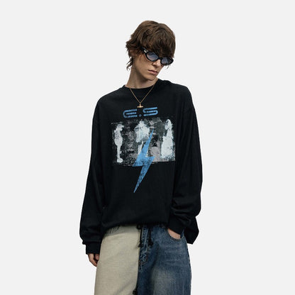 Oversized Abstract Lightning Graphic Long Sleeve T-Shirt