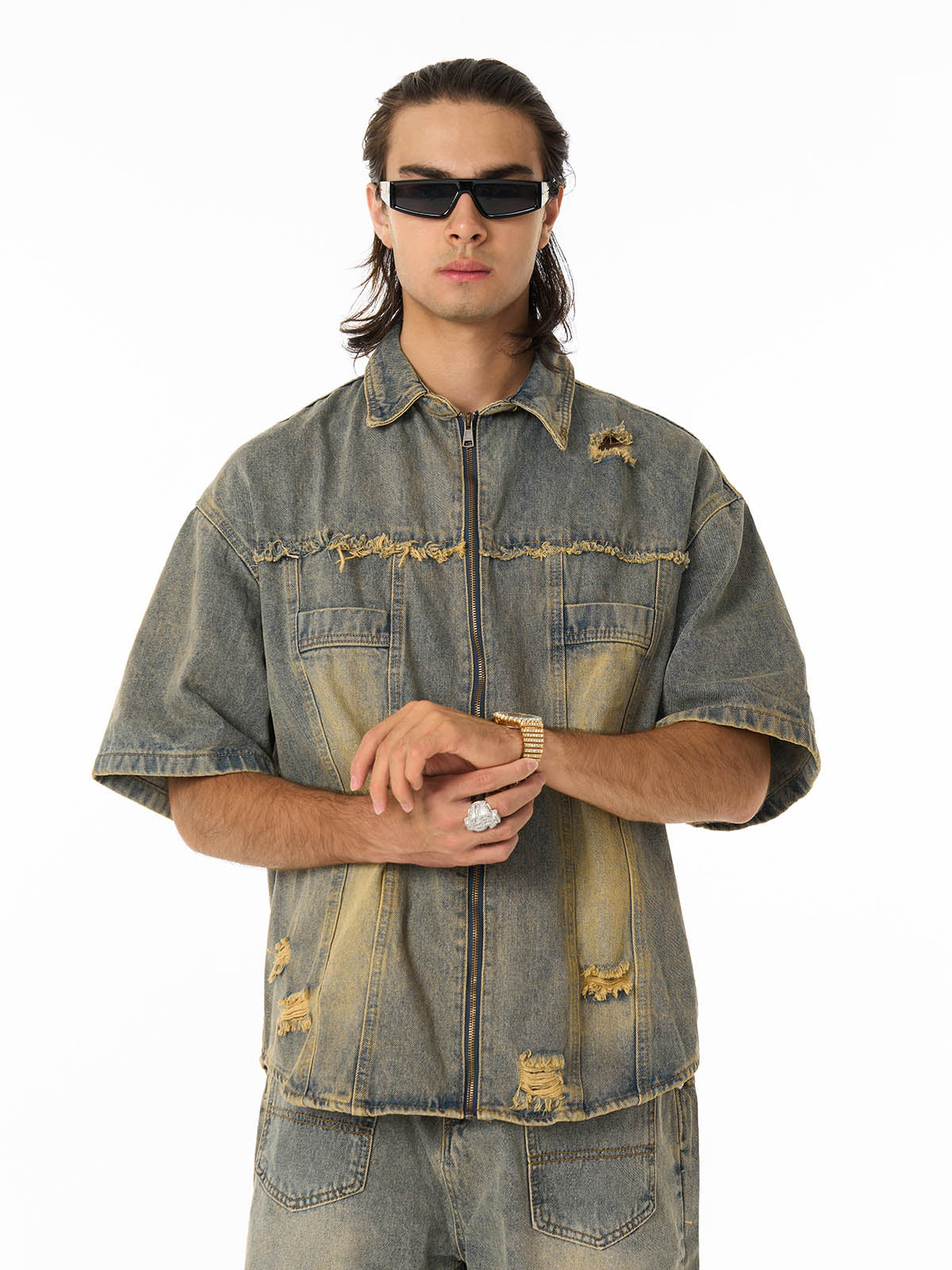 Men's Ripped Distressed Denim Jacket and Pants Set