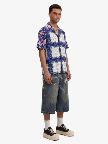 Revelse™  Boxy Cotton Blend Camp Collar Shirt Botanical Print Blue Green