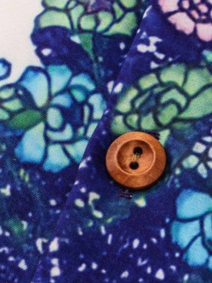 Revelse™  Boxy Cotton Blend Camp Collar Shirt Botanical Print Blue Green