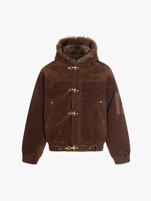 Revelse™ Faux Fur Hooded Suede Bomber Jacket with Metal Clip Streetwear