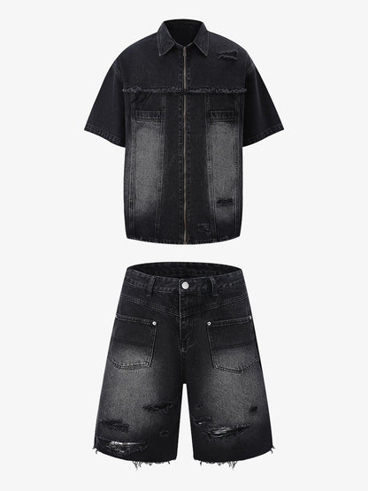 Men's Ripped Distressed Denim Jacket and Pants Set