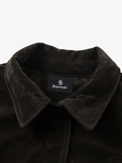 Retro Suede Bomber Jacket with Metal Button Lapel