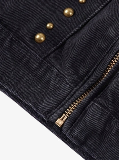 Back view of the distressed studded denim jacket