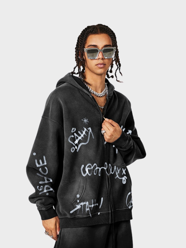 Unisex Graffiti Print Washed Zip-Up Hoodie