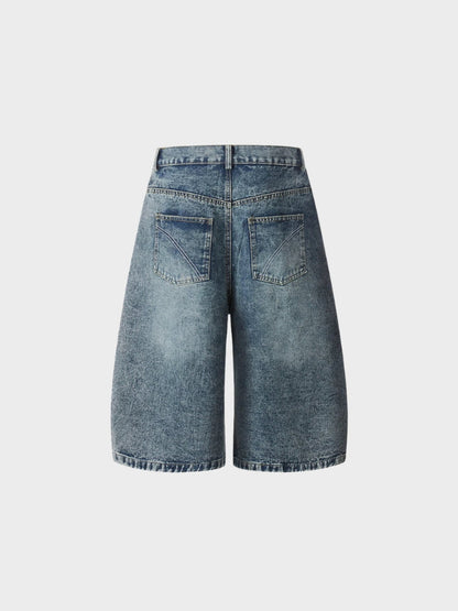 Longline Baggy Studded Denim Shorts Gray Blue