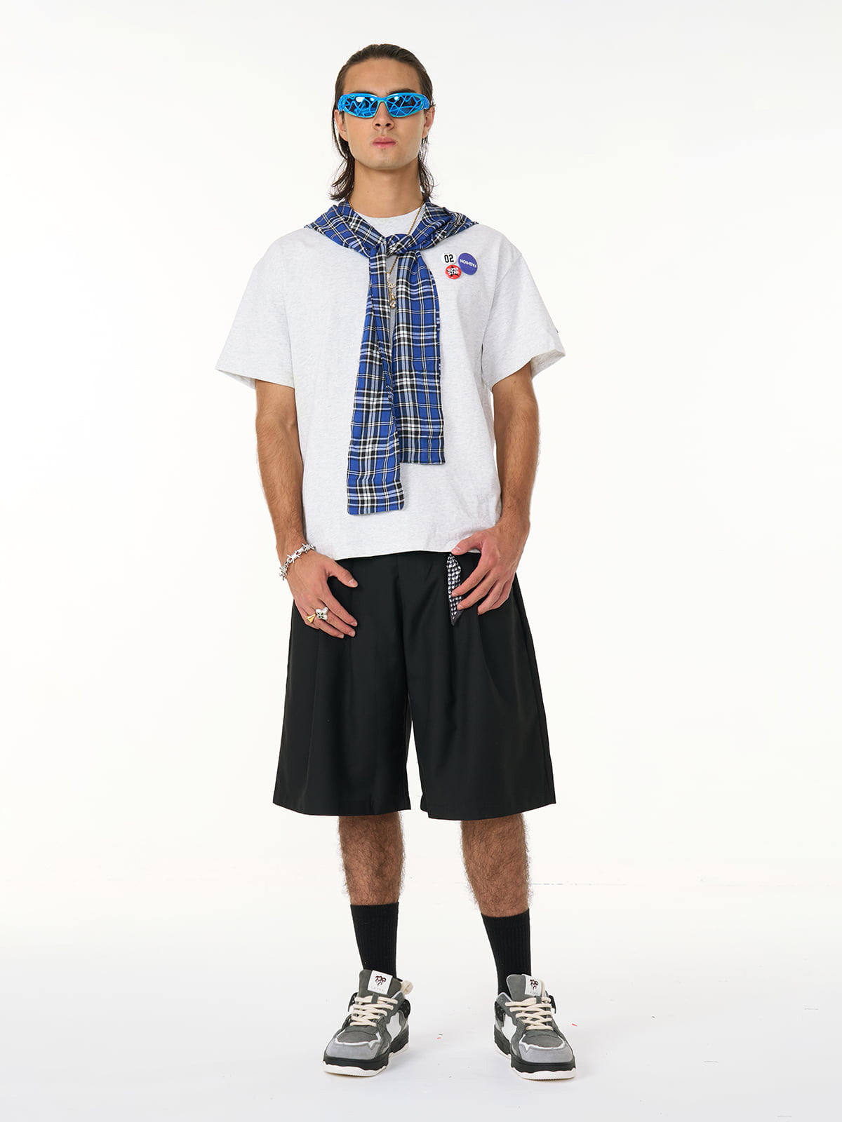 Plaid Jersey Knit Hooded Cape T-Shirt with Detachable Badge