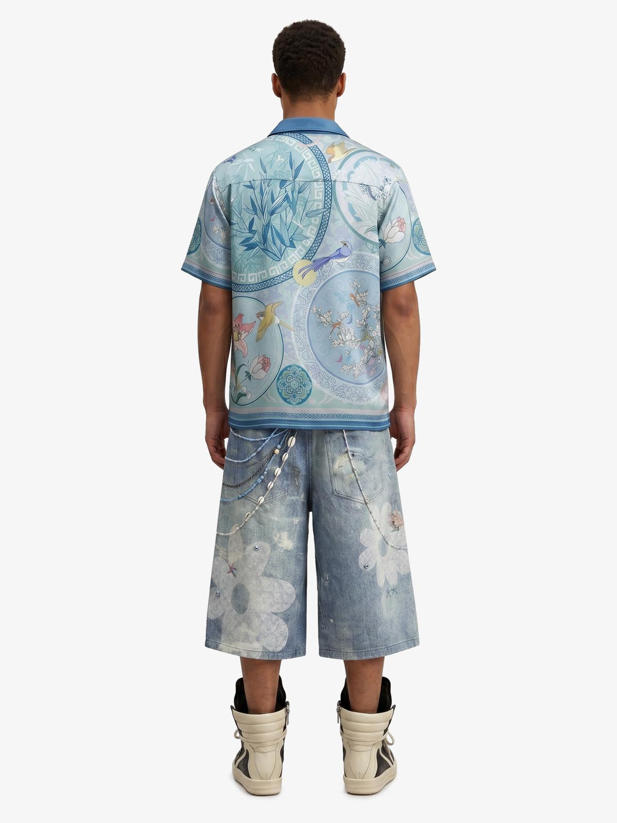 Revelse™  Silky Camp Collar Boxy Shirt Porcelain Floral Print