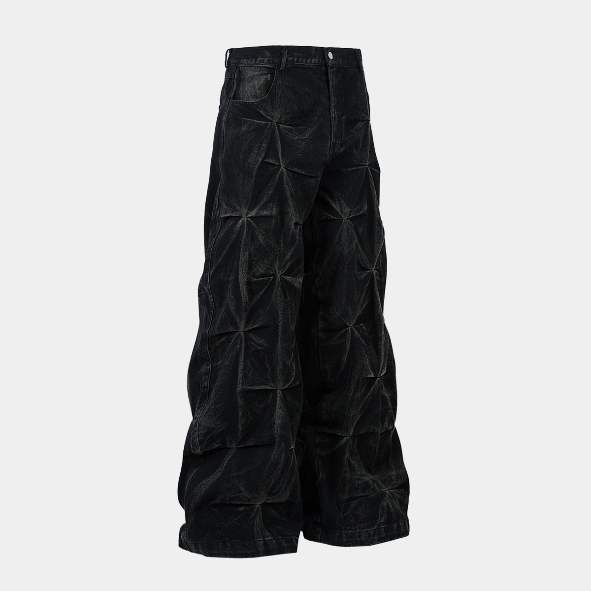 Washed Distressed Pleated Baggy Jeans