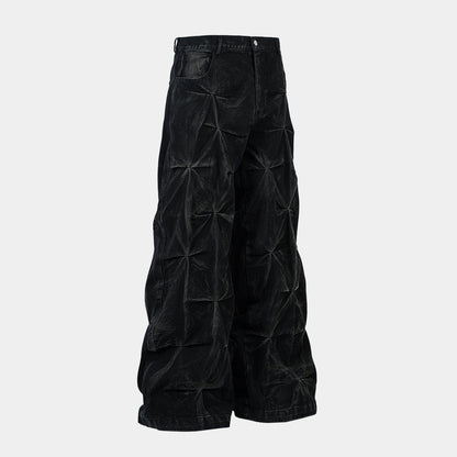 Washed Distressed Pleated Baggy Jeans