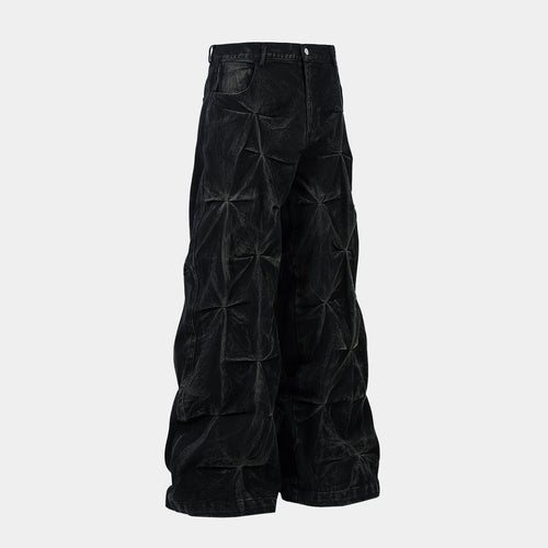 Washed Distressed Pleated Baggy Jeans