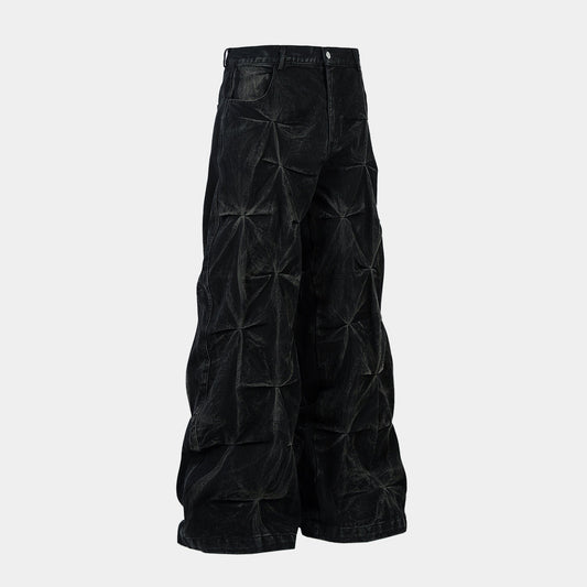 Washed Distressed Pleated Baggy Jeans