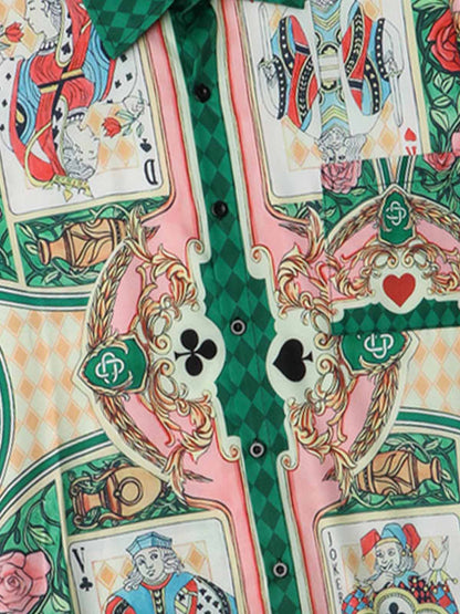 Playing card print Hawaiian shirt shown with short sleeves and collar