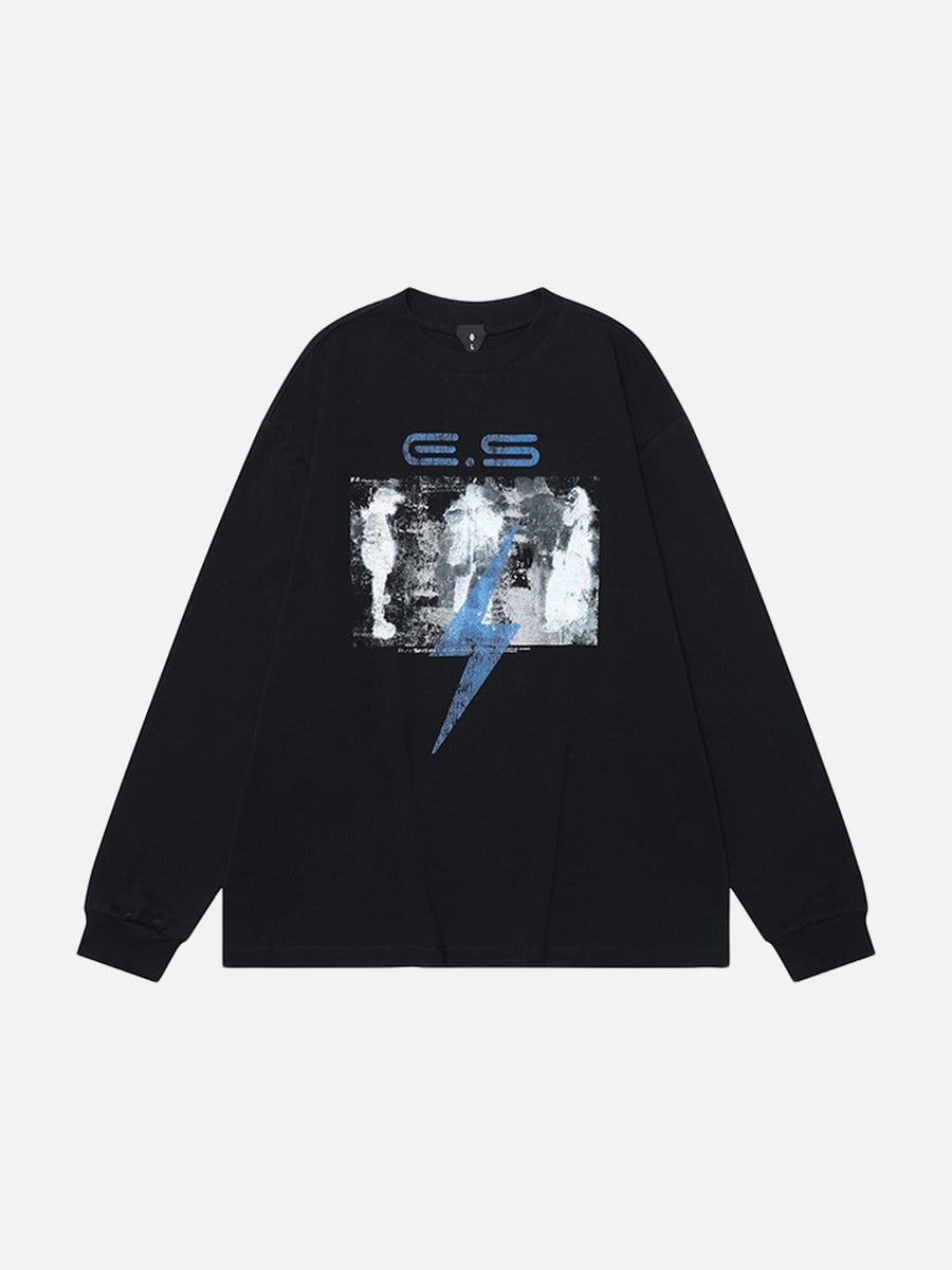 Oversized Abstract Lightning Graphic Long Sleeve T-Shirt