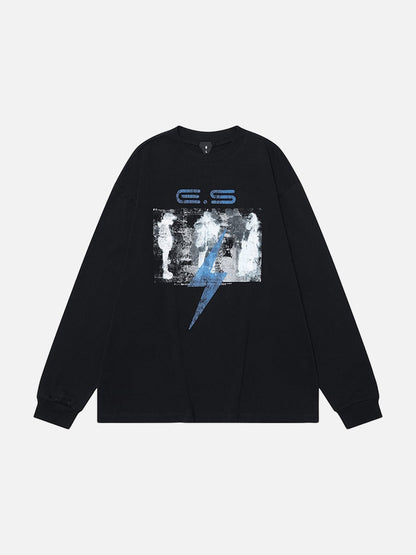 Oversized Abstract Lightning Graphic Long Sleeve T-Shirt