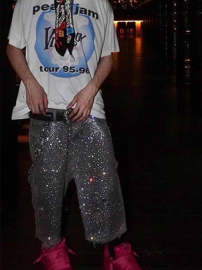 Gradient Rhinestone Embellished Denim Shorts
