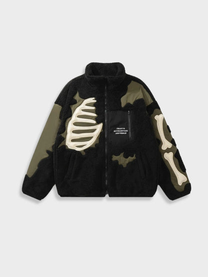 Unisex Fleece Zip Front Jacket Bone Print Black White