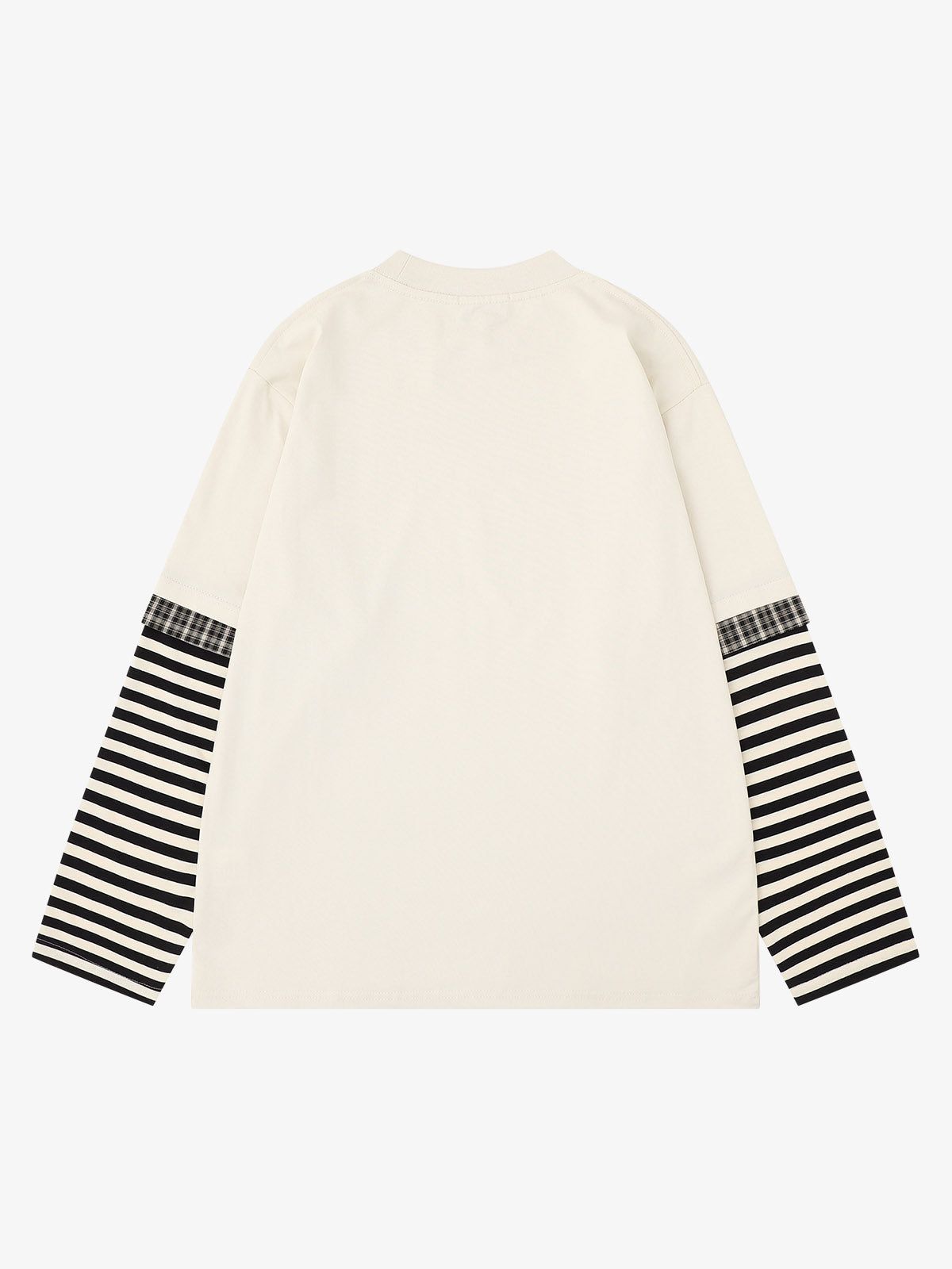 Back view of oversized striped long sleeve graphic T-shirt with horizontal stripes