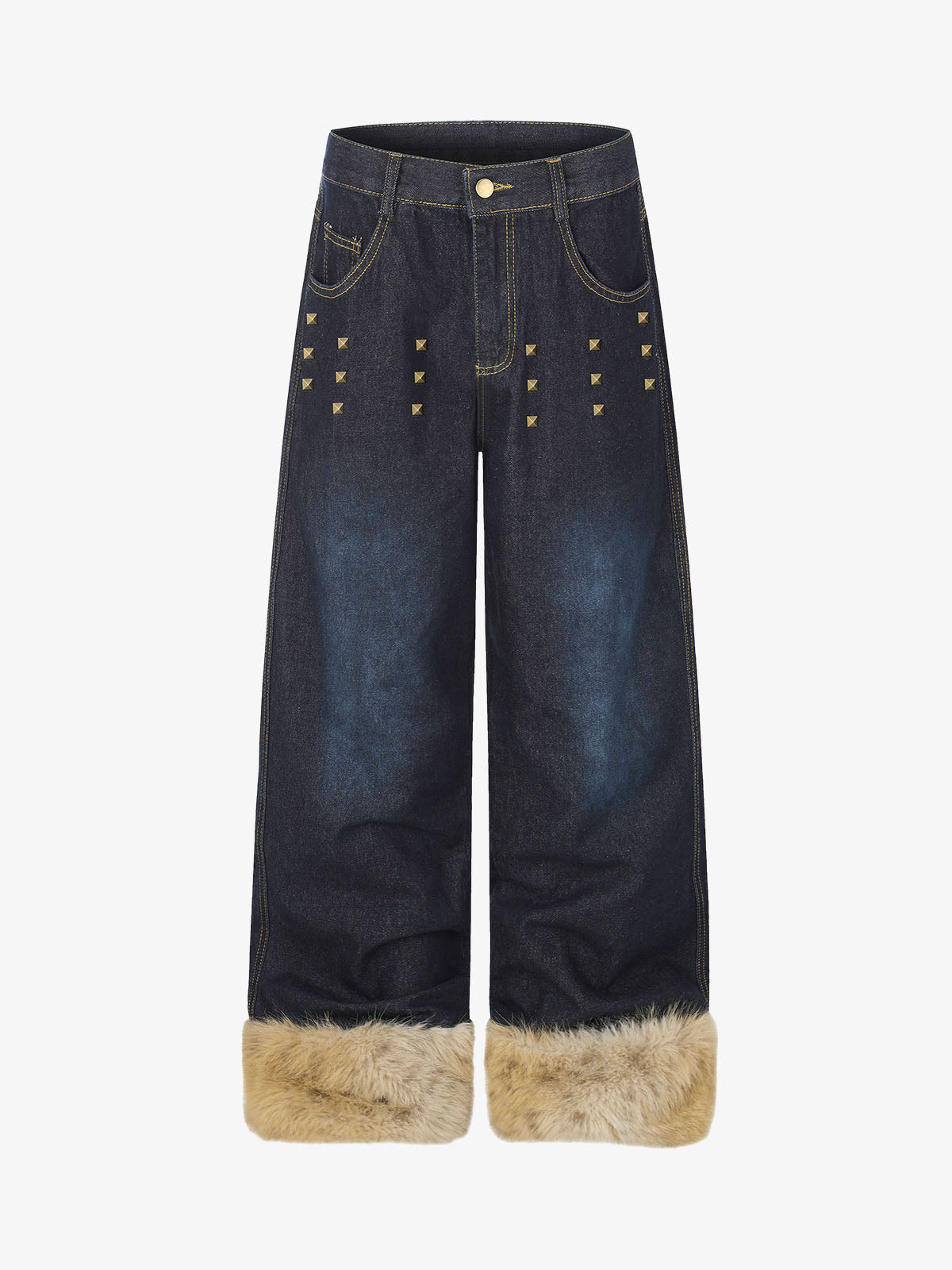 Studded Wide-Leg Jeans With Faux Fur Cuffs