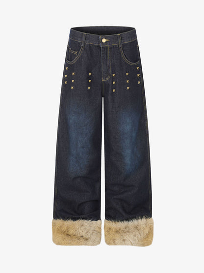 Studded Wide-Leg Jeans With Faux Fur Cuffs