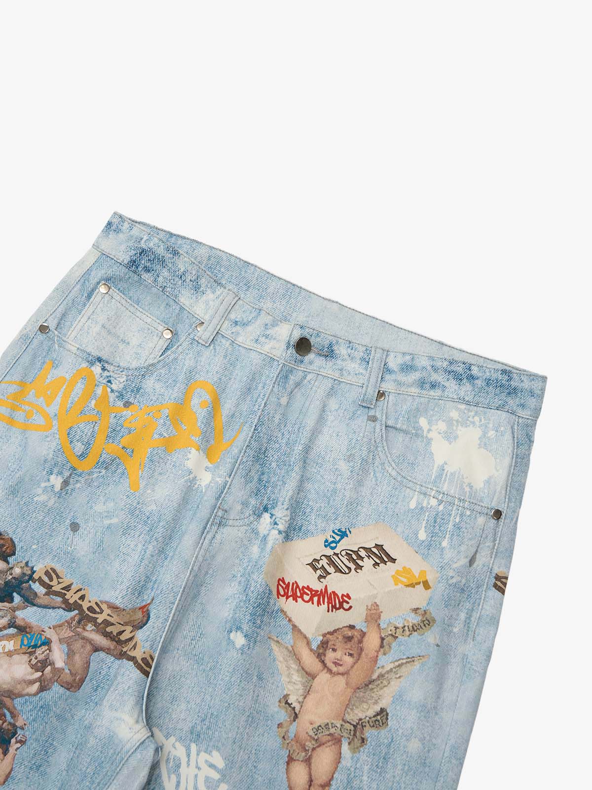 Retro Graffiti Angelic Print Baggy Jeans