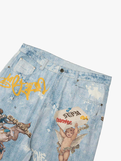 Retro Graffiti Angelic Print Baggy Jeans