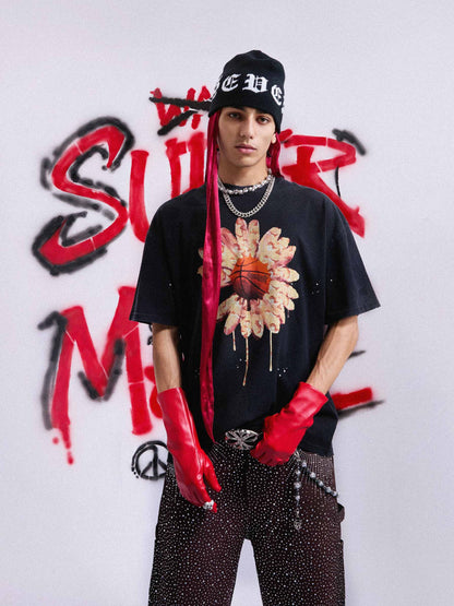 Floral Ink Splatter Graphic Basketball T-Shirt