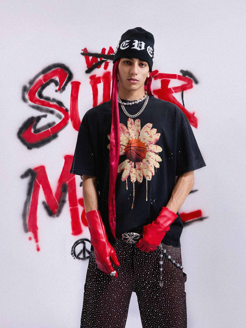 Floral Ink Splatter Graphic Basketball T-Shirt