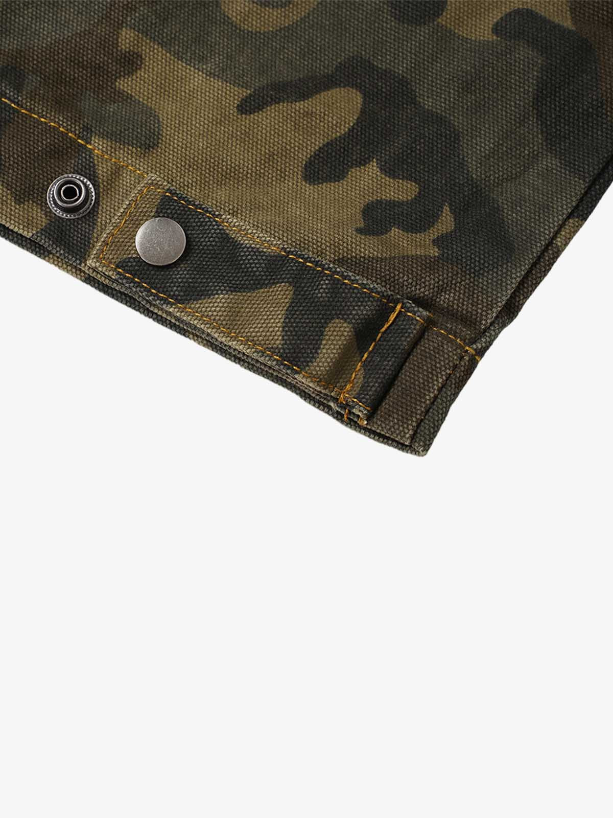 Back view of the washed camouflage denim work jacket with camouflage pattern