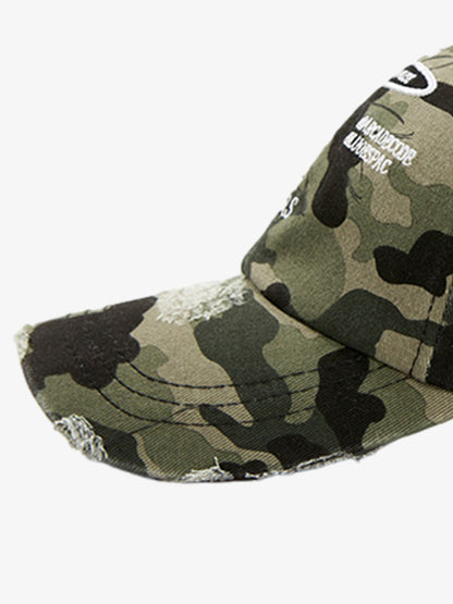 Inside view of washed distressed baseball cap with stitching detail