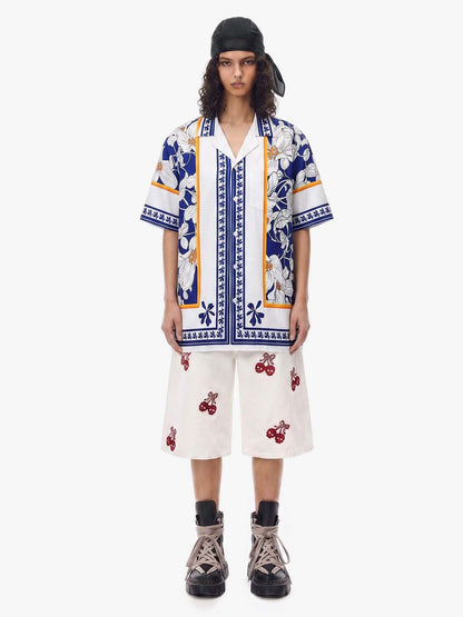 Revelse™  Porcelain Print Cuban Collar Boxy Shirt