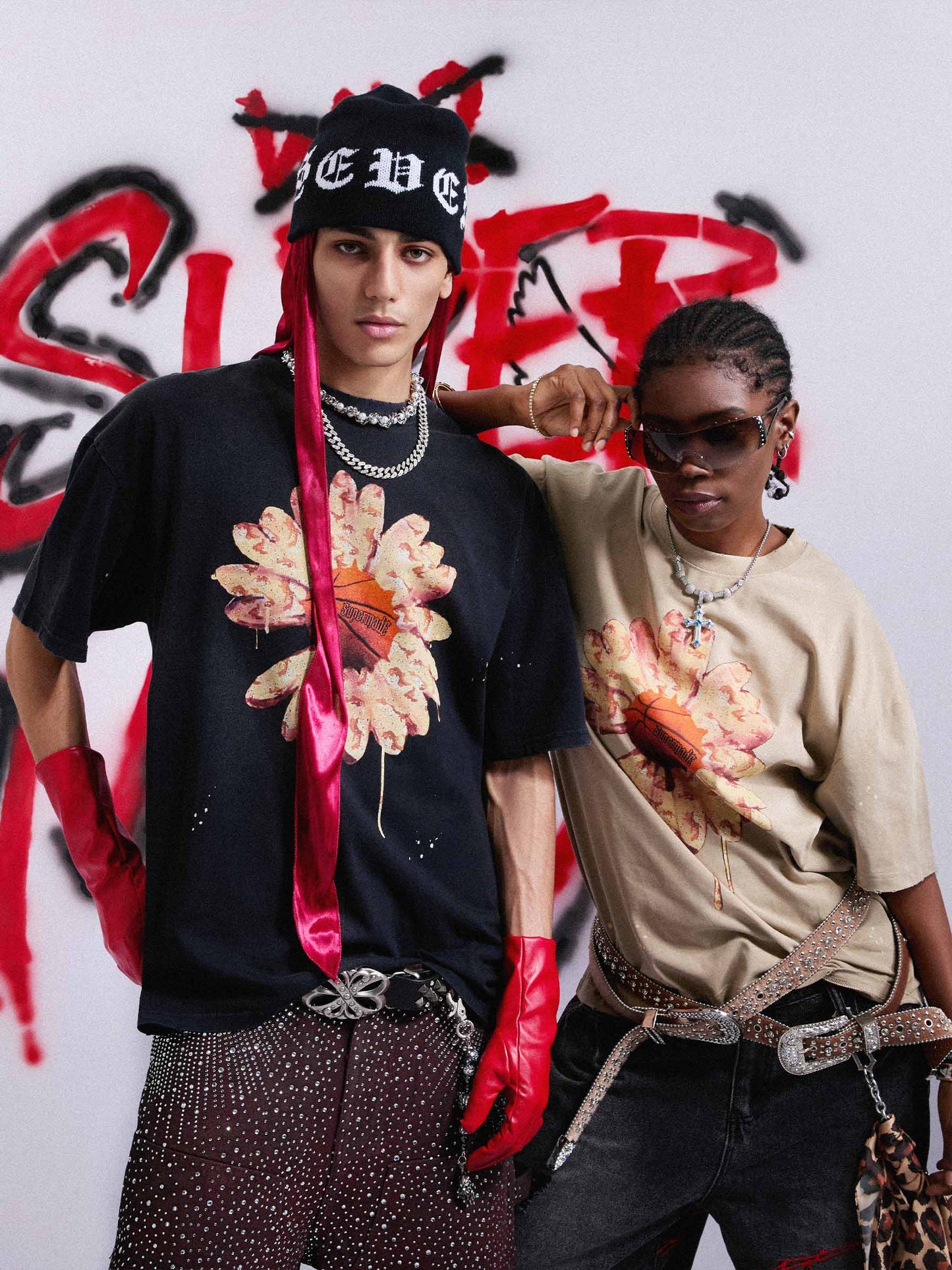 Floral Ink Splatter Graphic Basketball T-Shirt