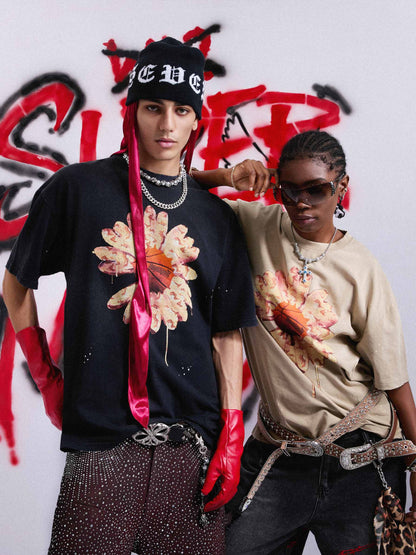 Floral Ink Splatter Graphic Basketball T-Shirt