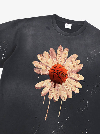 Floral Ink Splatter Graphic Basketball T-Shirt