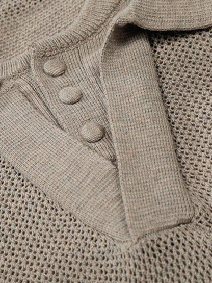 Revelse™  Layered Hollow-Out Mesh Knit Polo Shirt