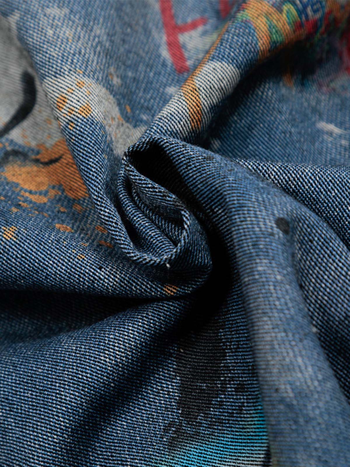 Tie-Dye Denim Polo T-Shirt with Graffiti Print