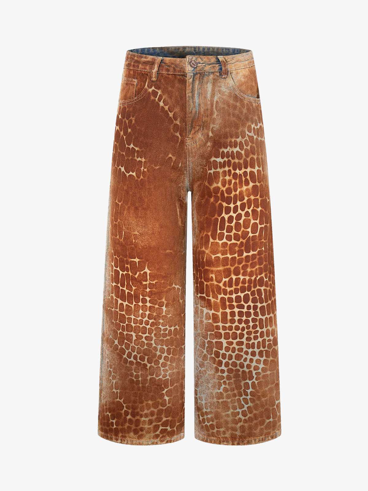 Croc Texture Washed Wide Leg Denim Jeans