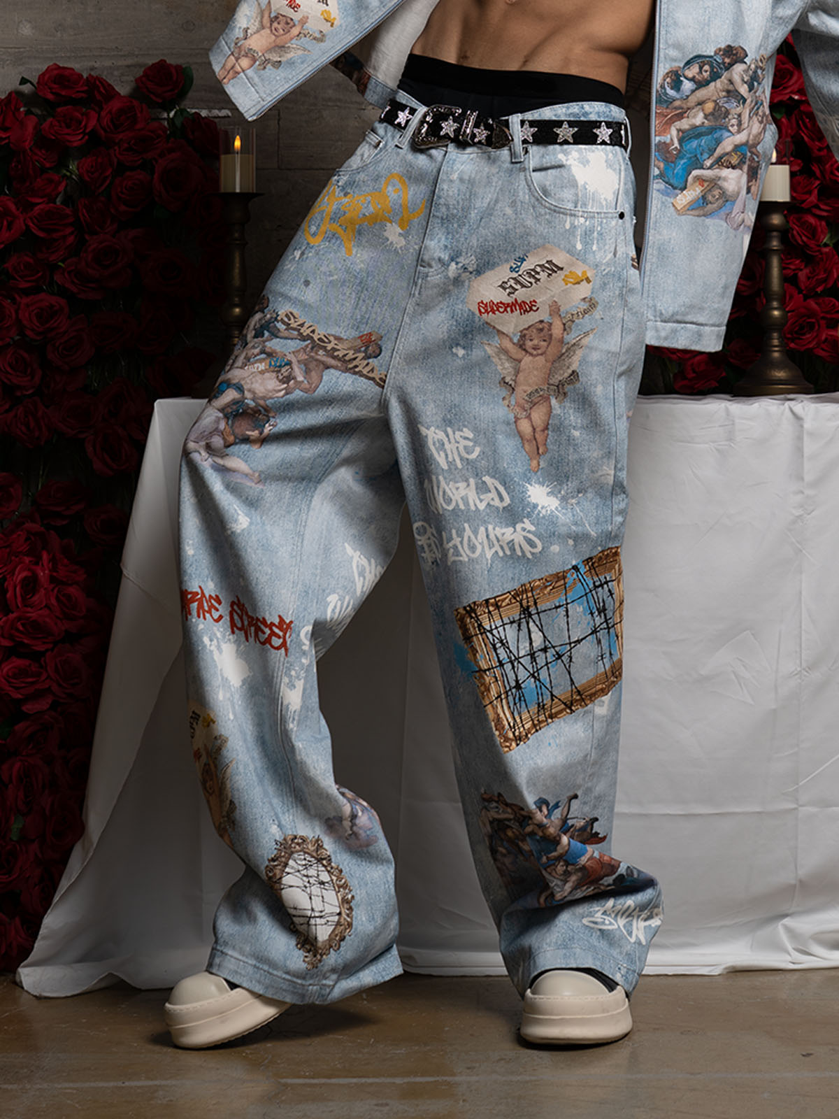 Retro Graffiti Angelic Print Baggy Jeans