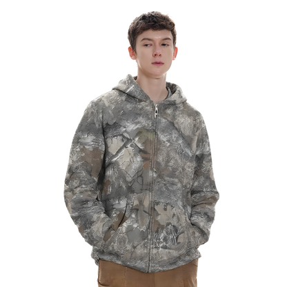 Camouflage Zip-Up Hoodie with Woodland Print