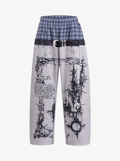 Wide-Leg Graphic Sweatpants With Plaid Waistband