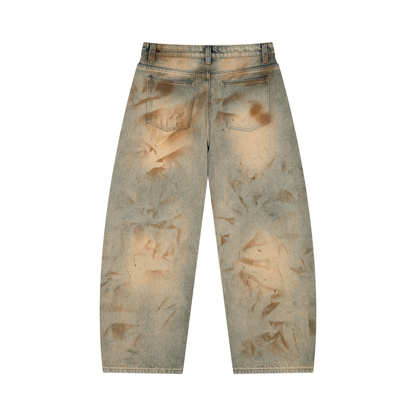 Close-up of barrel leg jeans showing the distressed denim details