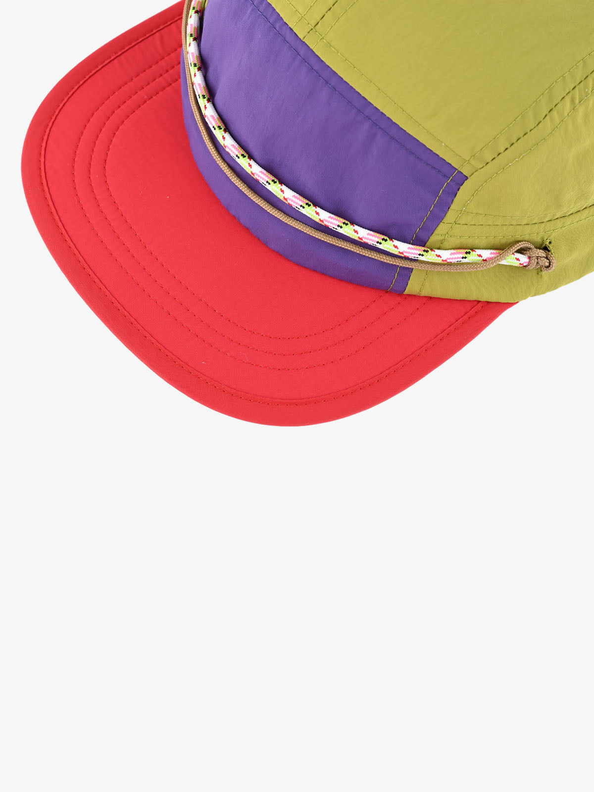Top view of colour block 5-panel cap showing panel construction