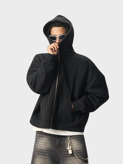 Full-Zip Fleece Hoodie Black Loose Fit